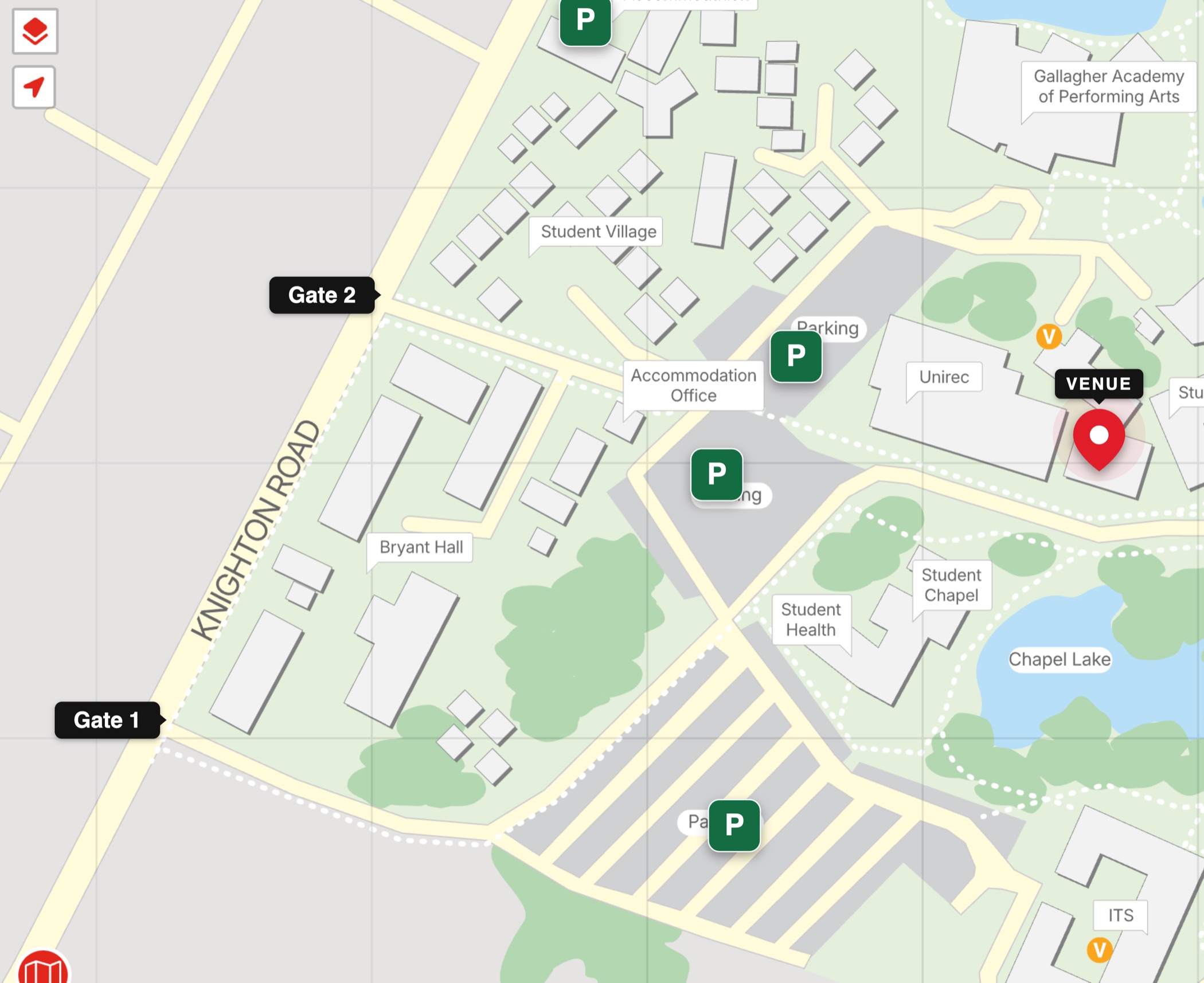 University of Waikato campus map. The Waikato Student Union venue is marked with a red pin on the right; the two campus entry gates (Gate 1 and Gate 2) sit on the west edge along Knighton Road; green P markers show parking; building names are labelled.